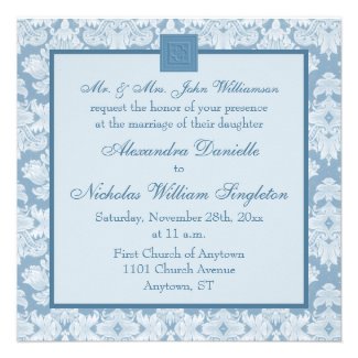 Quatrefoil Cross & Blue Damask Wedding Invitation