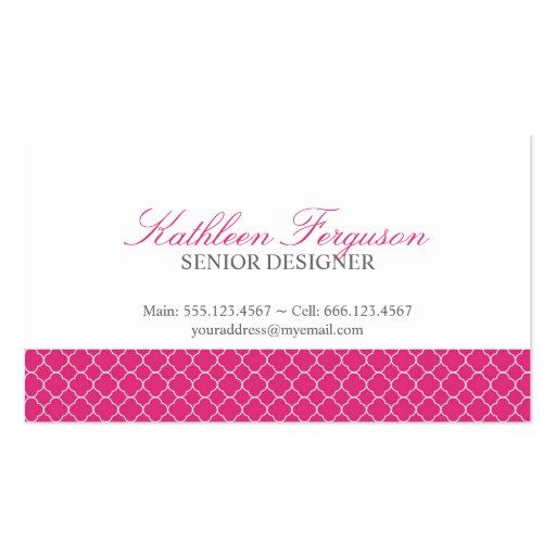 Quatrefoil hot pink clover modern pattern business cards (front side)