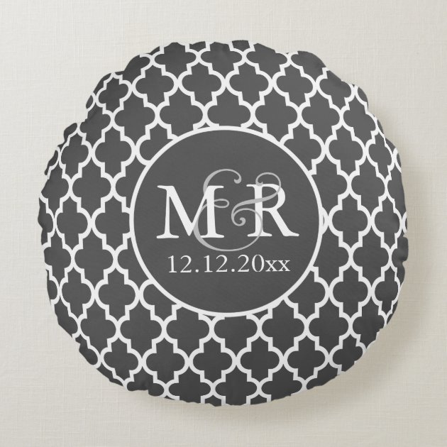 Quatrefoil Monogrammed Wedding Grey and White V2 Round Pillow