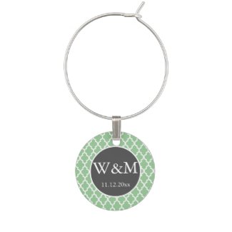 Quatrefoil Monogrammed Wedding Grey Green White Wine Charms