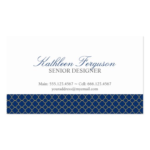 Quatrefoil navy blue yellow clover modern pattern business cards (front side)