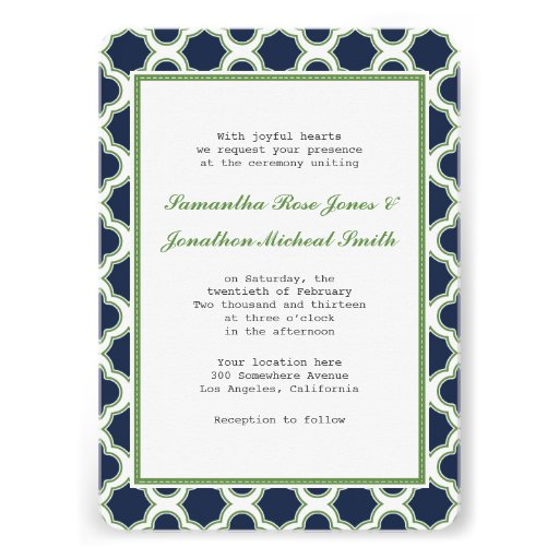Quatrefoil Pattern Navy Blue & Green Wedding Cards