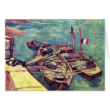 Quay With Men Unloading Sand Barges, Moored Boat W Greeting Card