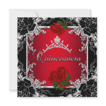 Quinceañera 15 Black Silver Tiara Red Rose Floral Personalized Invites