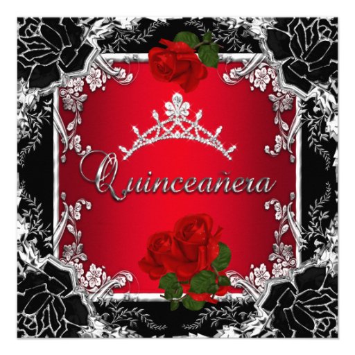 Quinceañera 15 Black Silver Tiara Red Rose Floral Personalized Invites
