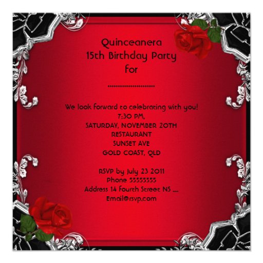 Quinceañera 15 Black Silver Tiara Red Rose Floral Personalized Invites