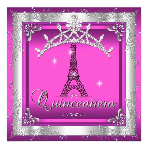 Quinceanera 15 Pink Silver Tiara Eiffel Tower Announcements