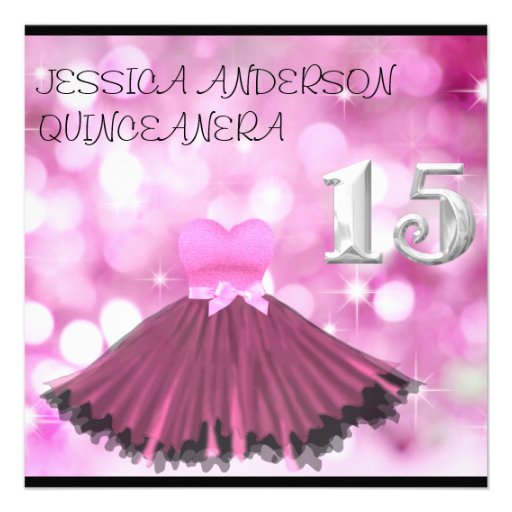 QUINCEANERA 15 Silver Black Pink Dress Bubble Personalized Invites