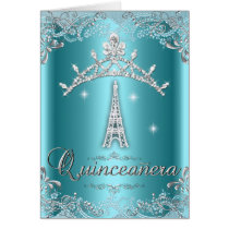 Quinceanera 15 Teal Blue Silver Tiara Eiffel Tower cards