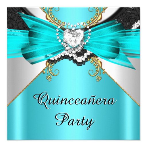 Quinceanera 15 Teal Gold Lace Jewelled Party Personalized Invites