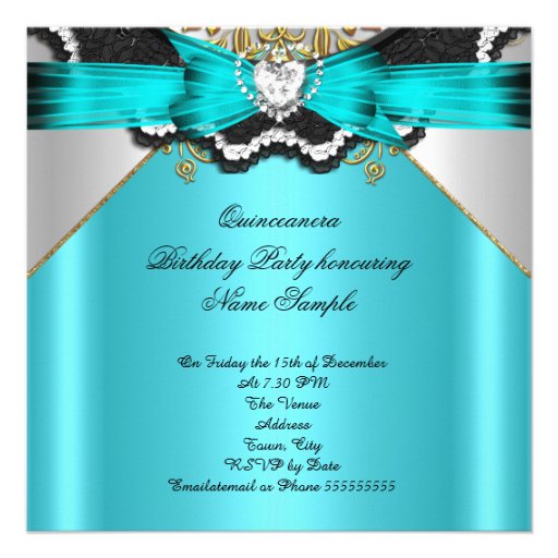 Quinceanera 15 Teal Gold Lace Jewelled Party Personalized Invites
