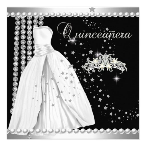 Quinceanera 15 Tiara Gown Black Silver White Personalized Invitations