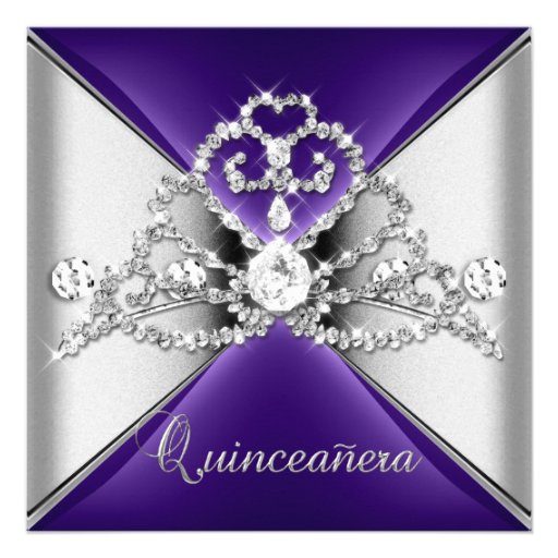 Quinceanera 15 Tiara Purple Silver White Diamond Personalized Invites