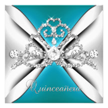 Quinceanera 15 Tiara Teal Blue Silver White Invites