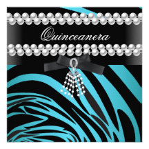 Quinceanera 15 Zebra Black Teal Blue White Invitation