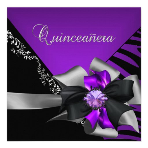 Quinceanera 15 Zebra Purple Black Silver Custom Invite