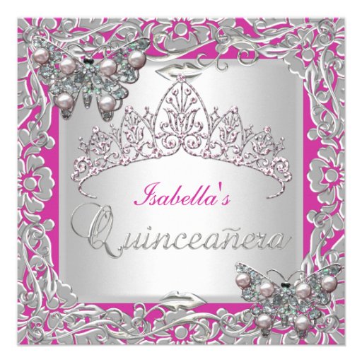 Quinceanera 15th Birthday Butterflies Silver Pink Personalized Announcement