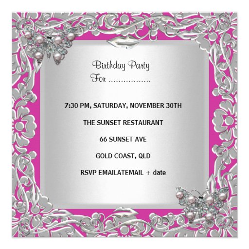 Quinceanera 15th Birthday Butterflies Silver Pink Personalized Announcement