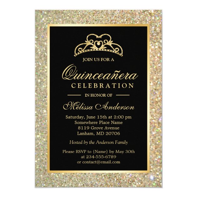 Quinceanera 15th Birthday Gold Glitter Sparkles Card (front side)