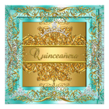 Quinceañera 15th Birthday Gold Teal Silver Tiara Personalized Invitations