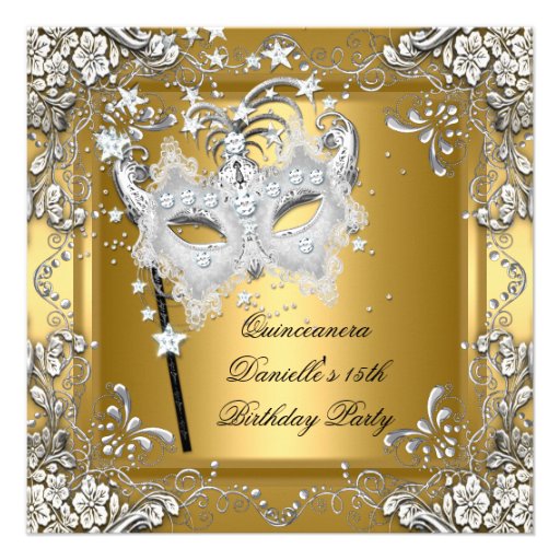 Quinceanera 15th Birthday Masquerade Mask Gold Announcements