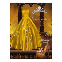 Quinceanera 15th Birthday Party Gold Dress Announcements