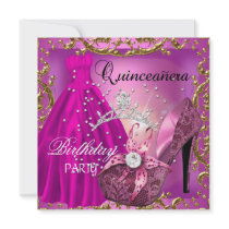 quinceanera 15th Birthday Party Gold Dress Tiara Personalized Invite