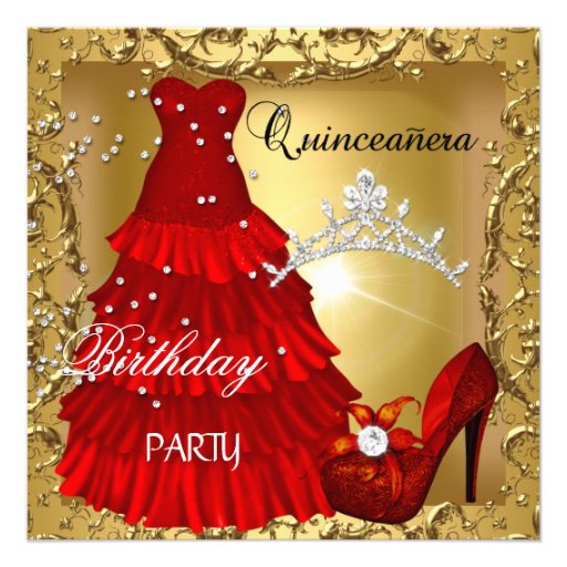 quinceanera 15th Birthday Party Gold Red Dress Personalized Invite