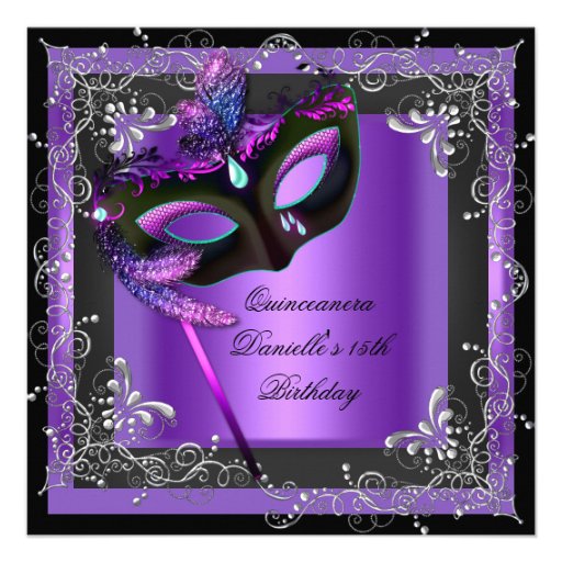 Quinceanera 15th Birthday Party Masquerade Purple Invite (front side)