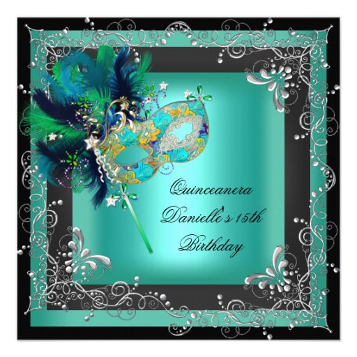 Quinceanera 15th Birthday Party Masquerade Teal Personalized Announcement