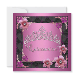 Quinceanera 15th Birthday Party Pink Tiara Black Personalized Invitations