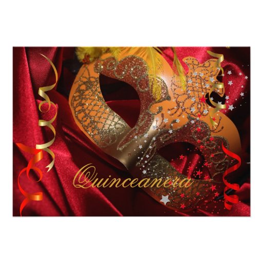 Quinceanera 15th Birthday Party Red Black Mask 3 Custom Announcement