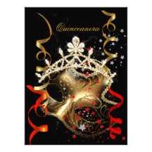Quinceanera 15th Birthday Party Red Black Mask Personalized Invite