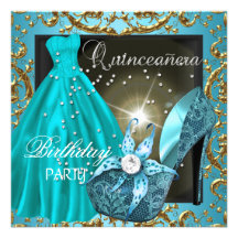 quinceanera 15th Birthday Party Teal Dress Gown Custom Announcements
