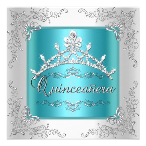 Quinceanera 15th Birthday Teal Blue Silver Tiara Personalized Invitation