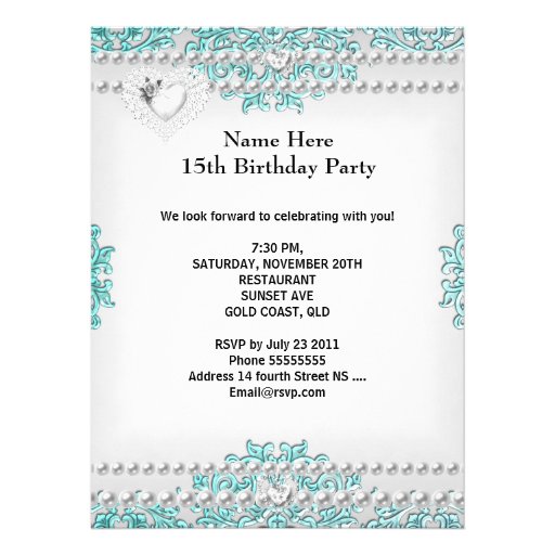 Quinceanera 15th Birthday Teal Blue Silver White Announcement