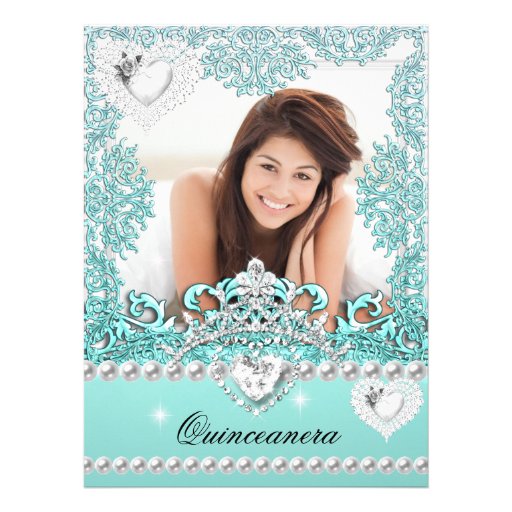 Quinceanera 15th Birthday Teal Blue Silver White Announcement (front side)