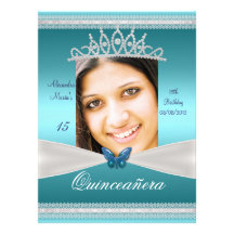Quinceañera 15th Birthday Teal White Lace Photo Announcements