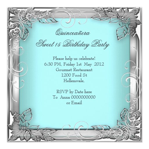 Quinceañera 15th Birthday Teal White Silver Tiara Announcements
