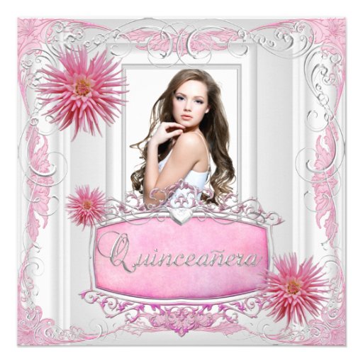Quinceanera 15th Birthday White Pink Silver Dahlia Personalized Invitation