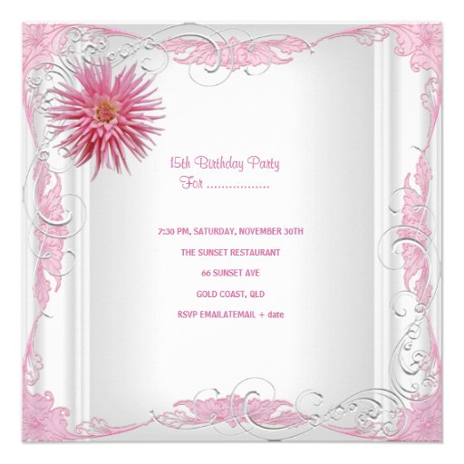 Quinceanera 15th Birthday White Pink Silver Dahlia Personalized Invitation