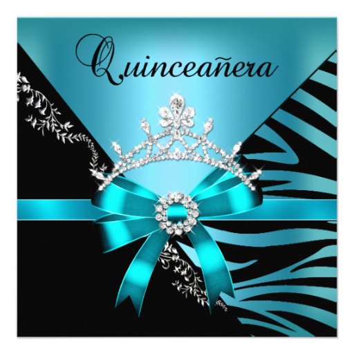 Quinceanera 15th Birthday Zebra Blue Black Tiara Invite