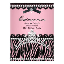 Quinceanera 15th Black Pink Zebra Tiara Invite