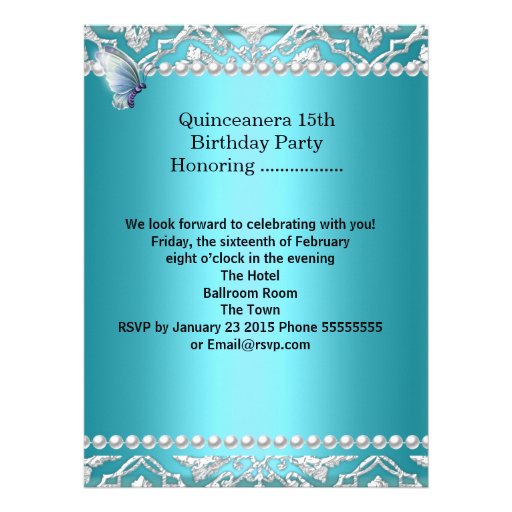 Quinceanera 15th Blue Damask Butterfly Add Photo Custom Invitations