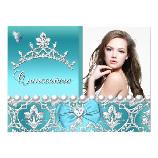 Quinceanera 15th Blue Damask Butterfly Add Photo Custom Invitations