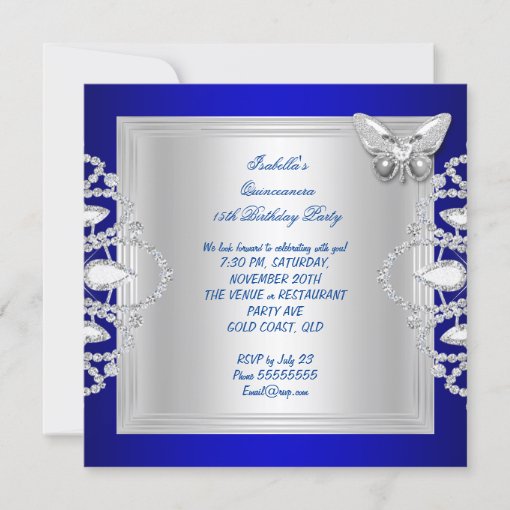 Quinceanera 15th Blue Silver Butterfly Tiara Invitation Zazzle