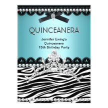 Quinceanera 15th Blue Teal Black Zebra Tiara Personalized Announcements