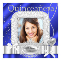 Quinceanera 15th Blue White Lace Pearl Photo invitations