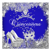 Quinceanera 15th Cobalt Blue Silver Mask Tiara Custom Invite