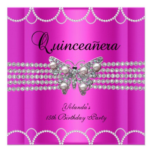 Quinceanera 15th Hot Pink Butterfly Pearl Lace Announcement